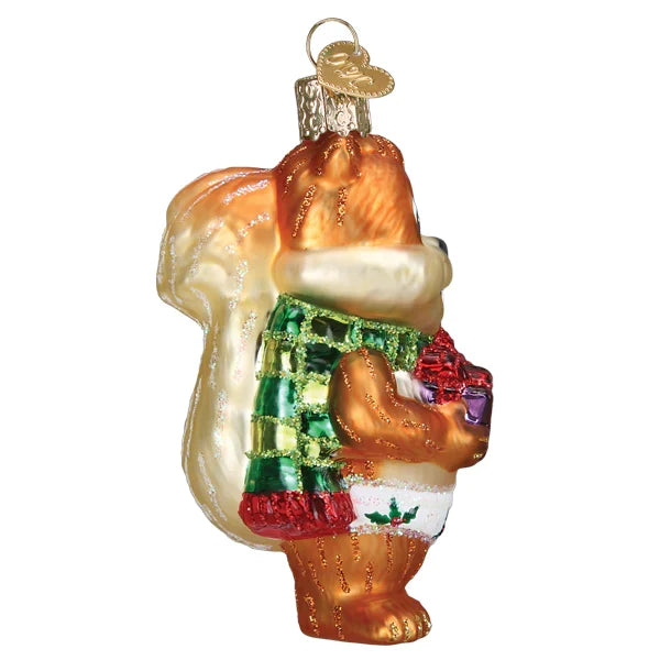 Silly Squirrel side view with scarf  and present Christmas ornament