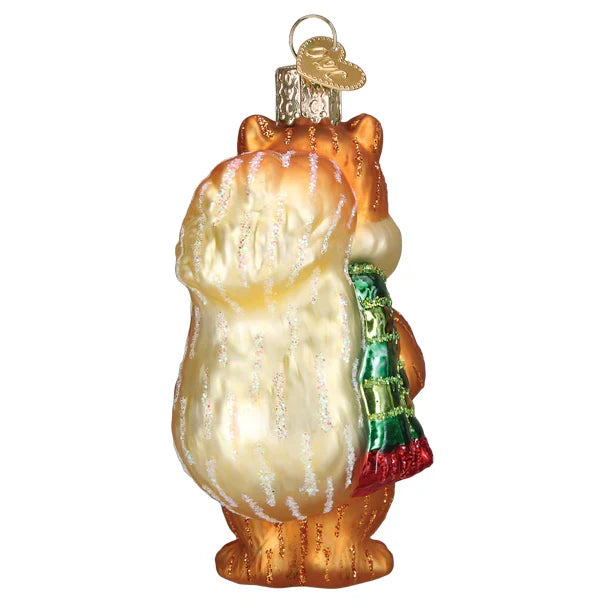 Silly Squirrel back view with scarf and present Christmas ornament