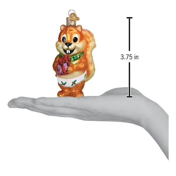 3.75 inch high Silly squirrel glass ornament