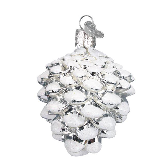 Silver Snowy Pine Cone Christmas Ornament Blown Glass