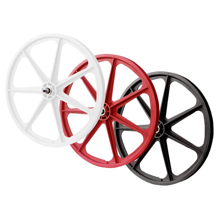 The SKYWAY TUFF II 24" Front Wheel, a three-spoked composite BMX wheel, is shown in white, red, and black side by side on a white background.
