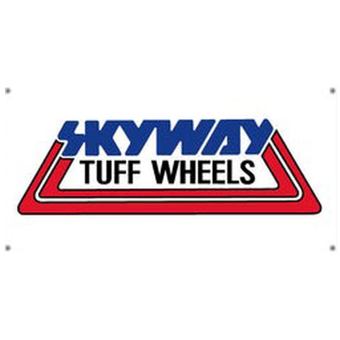 The Skyway Tuff Wheels Banner displays "SKYWAY TUFF WHEELS" in blue and black within a red triangle on white, printed on durable, outdoor-grade waterproof vinyl.
