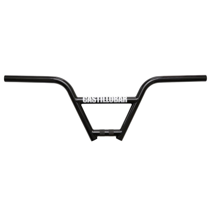 The S&M Castillo (Brian Castillo) Handlebars (22.2mm Clamp), finished in black and constructed from durable chromoly steel, display the word “CASTILLOBAR” in white lettering across the crossbar and are photographed on a plain white background.