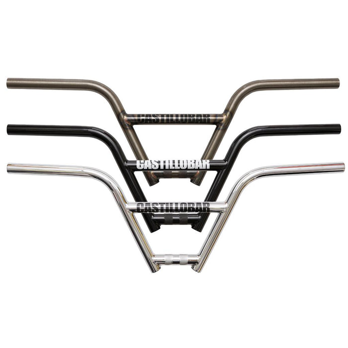 Four S&M Castillo (Brian Castillo) Handlebars (22.2mm Clamp), made from durable chromoly and available in raw, black, and chrome finishes, are stacked horizontally—each boldly labeled “CASTILLOBAR” across the center. These 4-piece bars deliver strength and style for serious BMX riders.