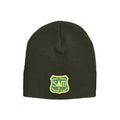 The S&M Department Of Freestyle Beanie is a dark green, knit beanie adorned with a biking patch, featuring a yellow tag that has "S&M Rails Trails Department of Birds" text and a tree silhouette, and is crafted from hypoallergenic acrylic.