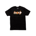 The S&M Devil Letters T-Shirt in black features a vibrant "bikege" graphic with orange and yellow outlines, inspired by '90s re-pop and classic S&M tee styles, printed on heavyweight cotton.