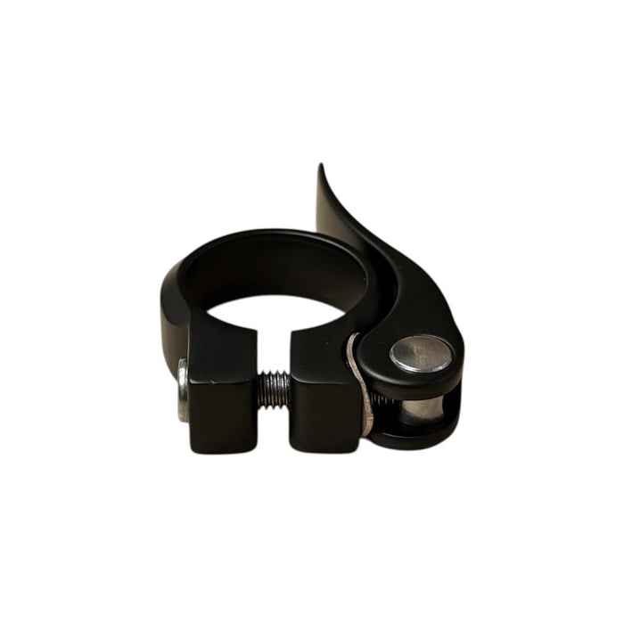 S&M OEM Quick Release Seat Post Clamp, black with metal bolt and circular opening, fits 25.4mm seatpost or 28.6mm seat clamp, shown on a white background.