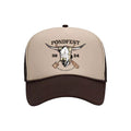 The S&M Pondfest 2024 Cap is a mesh back trucker hat featuring "PONDFEST 2024," a steer skull with crossed paddles, "PAGOSA SPRINGS, CO," and is proudly printed in the USA.