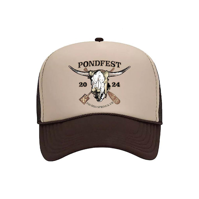 The S&M Pondfest 2024 Cap is a mesh back trucker hat featuring "PONDFEST 2024," a steer skull with crossed paddles, "PAGOSA SPRINGS, CO," and is proudly printed in the USA.