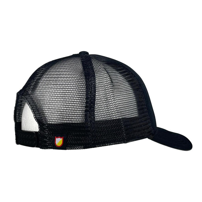 The S&M Rambler Sharpie Shield Cap is a black mesh-back hat with an adjustable snapback closure and a small shield emblem near the strap, offering the classic Trail Dawgs style.