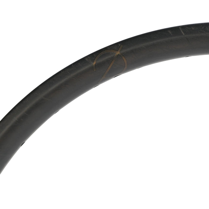 Close-up of a dark, Spectre V3 Lite Carbon Fiber 20 Inch 36H Brakeless Rim with a subtle logo against a plain white background, highlighting the lightweight carbon fiber construction.