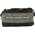 A charcoal Staystrong Duffle Bag featuring the word “STAYSTRONG” in bold, stylized letters—ideal for carrying all your workout essentials.