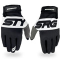A pair of Staystrong Glove Classic Black BMX gloves in black and white, featuring “STY” on the left glove and “SRG” on the right glove, crafted from premium quality materials with “STAYSTRONG” branding on the adjustable wrist straps.