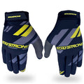 Staystrong Glove Multi Chevron: Black gloves featuring yellow and gray chevron stripes, “STAYSTRONG” branding on the wrist and back, plus gray textured material on the thumb and index finger areas for enhanced palm protection. Available in both adult and kid’s sizes.