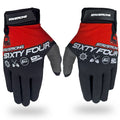 Staystrong Glove Nick Captain Long: Red and black track gloves featuring “SIXTY FOUR” and “STAY STRONG” text, gray fingertips, and assorted white icons on the backs, available in both adult and kid’s sizes.