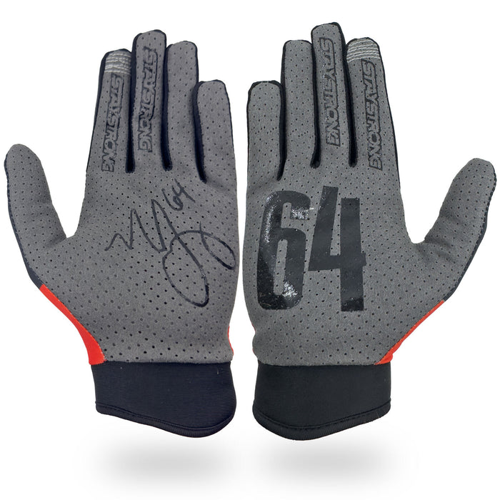 The Staystrong Glove Nick Captain Long is a pair of gray sports gloves with black accents—one glove features an autograph, while the other showcases the number 64 printed in black. These versatile track gloves are available in both adult and kid’s sizes, providing athletes of all ages with comfort and style.