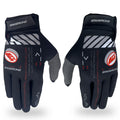 The Staystrong Glove V5 is a pair of black cycling gloves with grey palms, designed for excellent palm protection. They feature white and red printed text along with “STAY STRONG” branding on the wrist straps, and are available in both adult and children’s sizes.