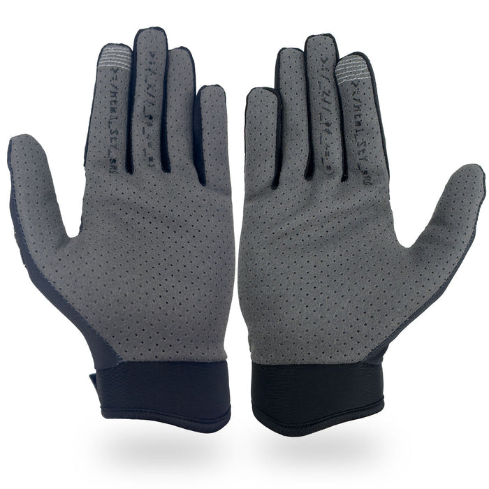A pair of Staystrong Glove V5 in gray, featuring perforations and black cuffs, are shown palms-forward against a white background—they’re designed for palm protection and available in both adult and kid’s sizes.