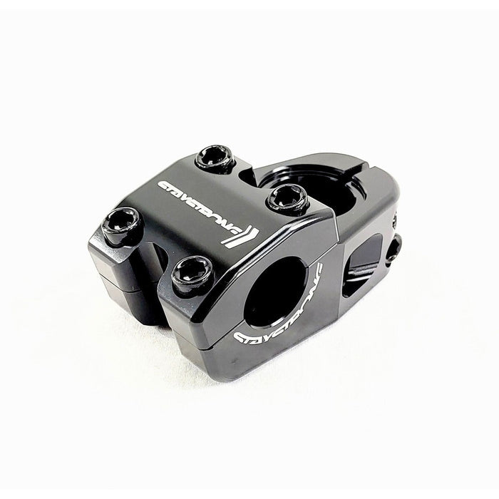 Staystrong Top Line Head Stem 1 Inch (22.2mm Clamp) in black, featuring a CNC machined alloy construction, a four-bolt faceplate, and an engraved Stay Strong logo, shown on a plain white background.