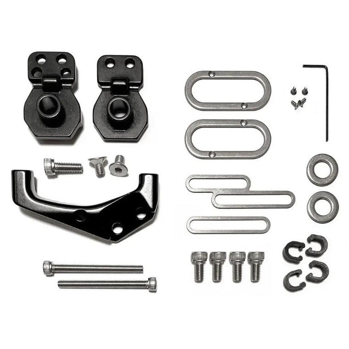 Staystrong V5 Dropout disc Hanger Kit components—including assorted metal fasteners, brackets, screws, washers, and a 10mm dropout replacement—arranged neatly on a white background.
