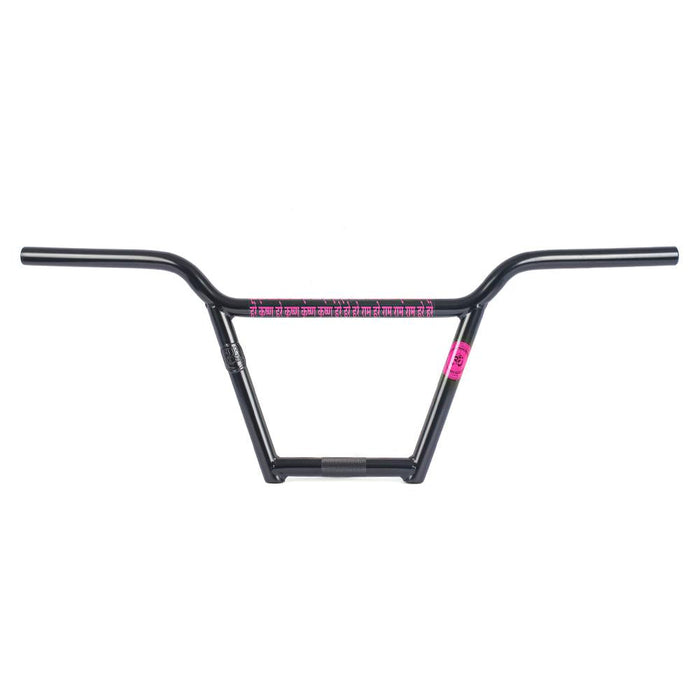 Subrosa OM 4pc Bars BMX handlebars in black with pink measurement markings and a pink Joris Coulomb logo on the right side, shown against a white background.