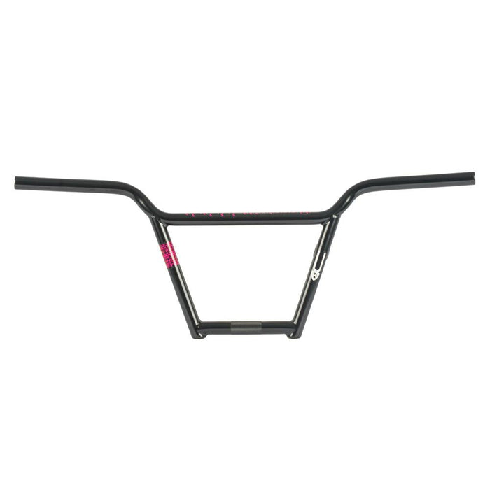 The Subrosa OM 4pc Bars are black BMX handlebars with a straight crossbar, slight upward and outward bends, small pink graphics, and a Subrosa Om Bars logo on the right side.