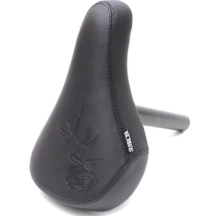 The Subrosa Rose Mid Seat & Post Combo features a black mid design with an embossed rose pattern and visible Subrosa branding—perfectly matched for your ride.