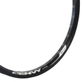 Close-up of a black Sun Envy-Lite Rim 20 x 1.50 with 32 spoke holes and a 406mm bead diameter, showing visible spoke holes along the aluminum edge.