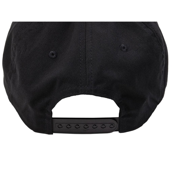 Close-up of the back of the black Sunday Blockhead Cap, showing its adjustable snapback strap and two ventilation eyelets.