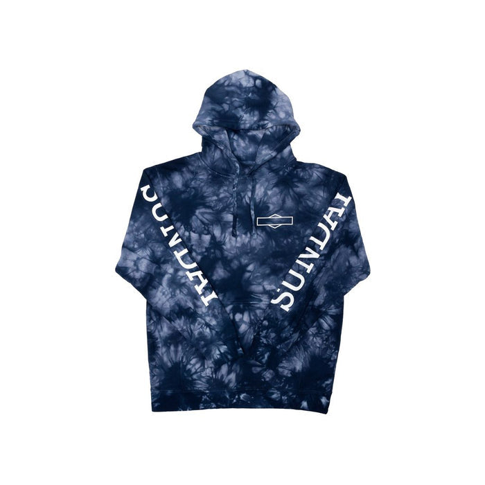 A navy and white tie-dye hooded sweatshirt with the word "SUNDAY" printed in white along both sleeves and a small logo on the chest, called the Sunday Rockwell Box Hoodie.