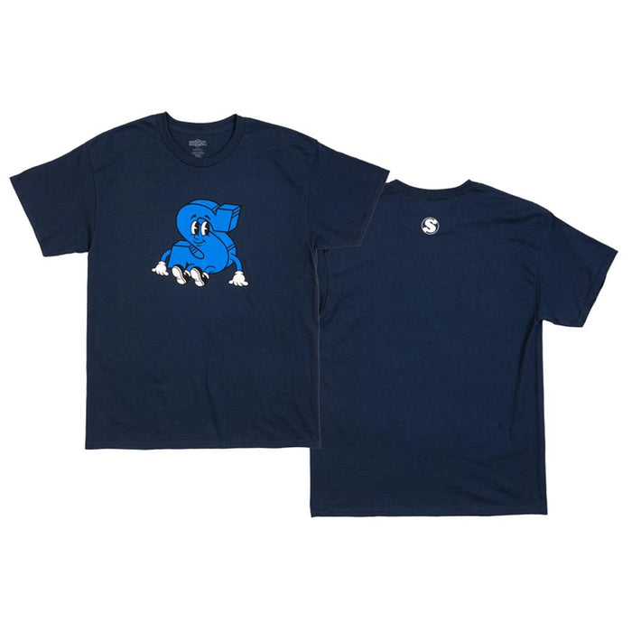 The Sunday S-Man T-Shirt in navy features a playful blue cartoon "S" character with arms and legs on the front and a small "S" logo near the back collar—ideal for relaxed Sunday vibes.