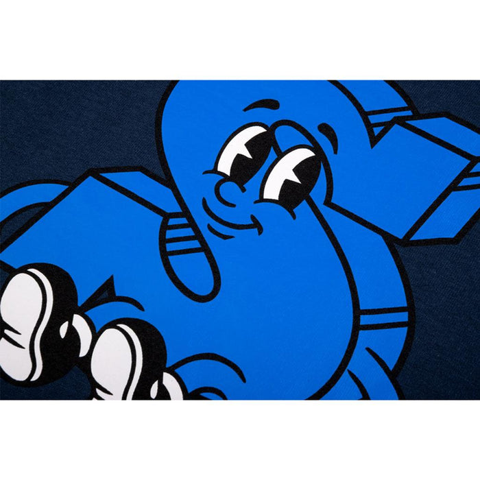 Close-up of the cheeky Sunday S-Man, a cartoon-style blue elephant with white shoes, smiling upward, printed on dark fabric—an awesome addition to your tee collection!.