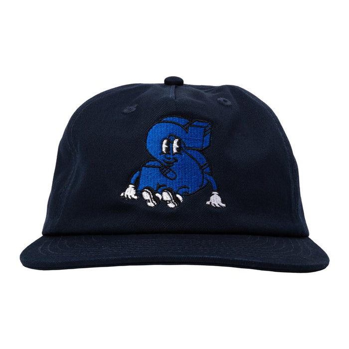 The Sunday S Man Unstructured Cap is a navy blue cap featuring an embroidered blue cartoon "S" with hands, feet, and a face—a fresh addition to your dome cap collection.
