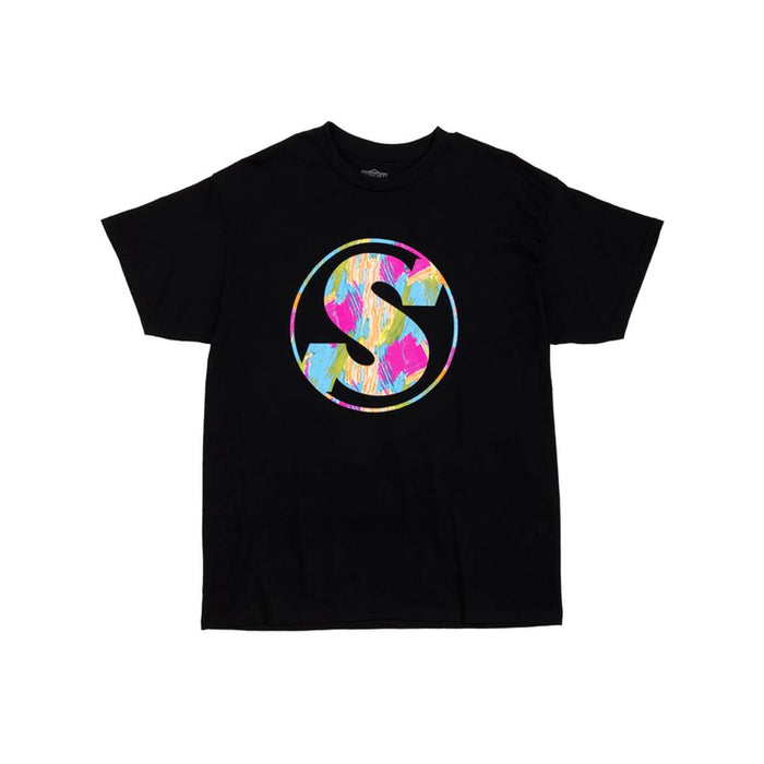The Sunday V2 Badge T-Shirt features a bold, colorful brush-stroke “S” inside a circle on the front—a striking black streetwear tee perfect for making a statement.