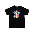 The Sunday V2 Badge T-Shirt features a bold, colorful brush-stroke “S” inside a circle on the front—a striking black streetwear tee perfect for making a statement.