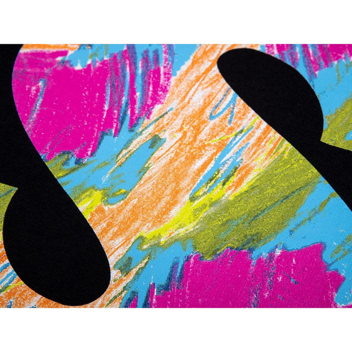 A close-up of the Sunday V2 Badge T-Shirt featuring colorful abstract brushstrokes in pink, orange, blue, and green with bold black shapes—perfect inspiration for your next streetwear look.