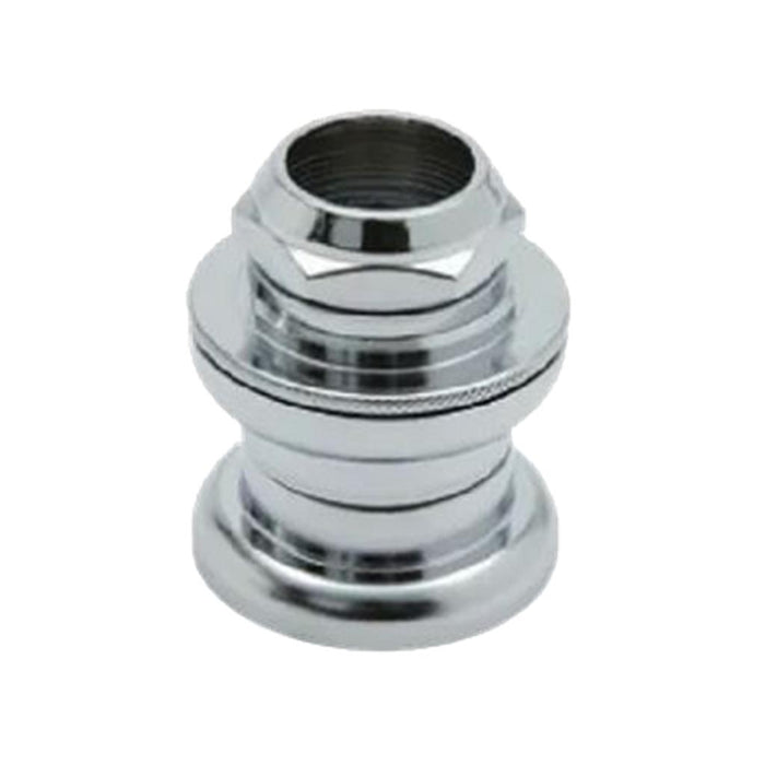 A close-up of the Tange MX-2 Threaded 1 Inch BMX Push In Headset, a shiny metallic classic favored on old school BMX bikes, displayed against a plain white background.