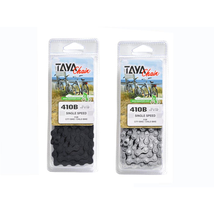 Two Taya 410B Chain (1/8 Inch) packages are shown: one with a black chain and one with a silver chain, both made for city or child bikes, offering high tensile strength and durability.