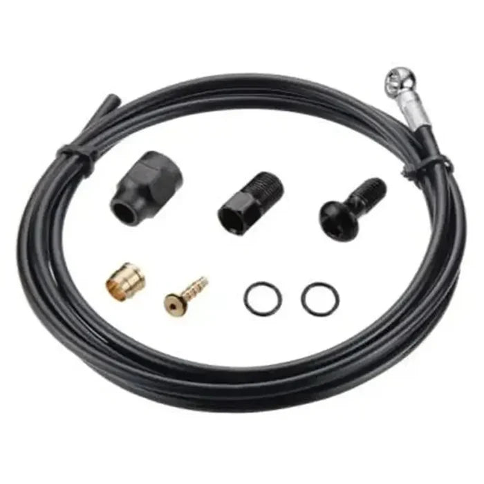 Tektro/TRP Banjo Disc Brake Hose kit, featuring connectors, fittings, and O-rings, displayed on a white background.