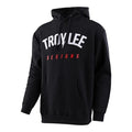 Keep cozy with the TLD 25 Bolt Hoodie in black, showcasing "Troy Lee Designs" in bold white and red on the front. Ideal for cold weather, this pullover features a warm hood and the classic TLD logo.