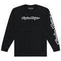 The TLD 25.1 Signature LS Shirt is a black long-sleeve shirt with "Troy Lee Designs" in crisp white on the front and down the right sleeve, ideal for chilly winter days.