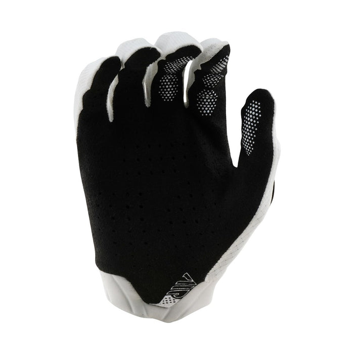 The TLD 26.1 Air Glove Mono White features a black and white design with finger perforations and textured grip—perfect for mountain bike riders who want comfort and superior control.