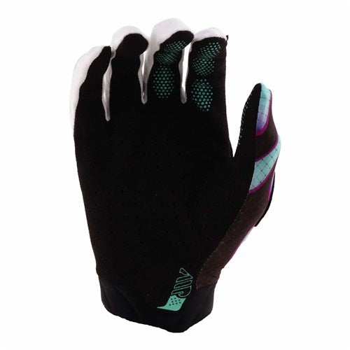 The TLD 26.1 Air Glove in Overspray Black/Real Teal features teal and purple accents, an ergonomic fit, and is shown with the palm facing away from the viewer.