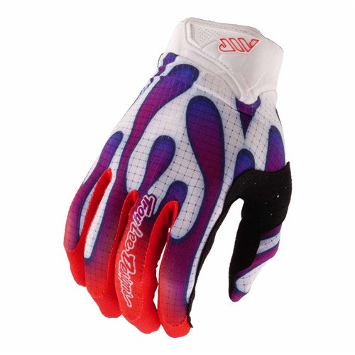The TLD 26.1 Air Glove Overspray in White/Violet features purple and red flame graphics, a black palm, ergonomic fit, and "Troy Lee Designs" in red on the index finger.