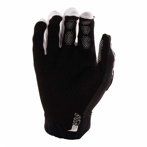 The TLD 26.1 Air Glove in Sever Black/White, featuring full-finger coverage, sleek design, white fingertips, and perforated material, is shown palm-inward—echoing the style of Troy Lee Designs Air Glove.
