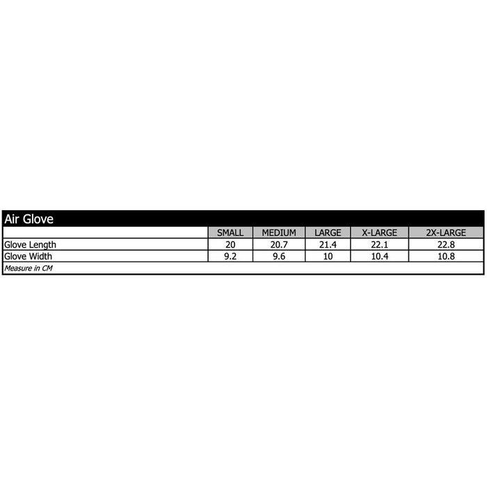 The TLD 26.1 Air Glove / Sever Black/White size chart gives glove length (20–22.8 cm) and width (9.2–10.8 cm) in cm for sizes Small to 2X-Large—ideal for mountain bike gloves enthusiasts seeking the perfect fit.