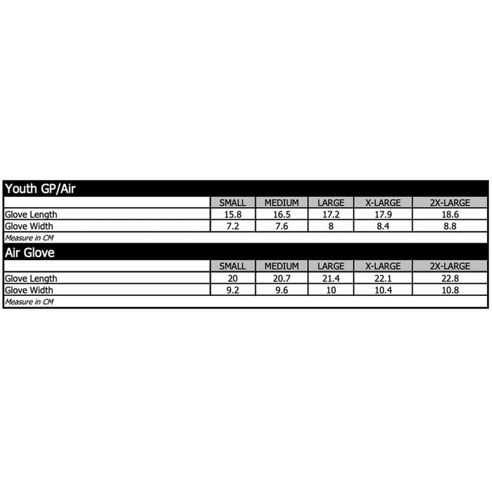 Size charts for TLD 26.1 Air Gloves (Youth) / Mono Light Fuchsia, showing glove length and width in centimeters for sizes Small to 2X-Large, with ergonomic fit.