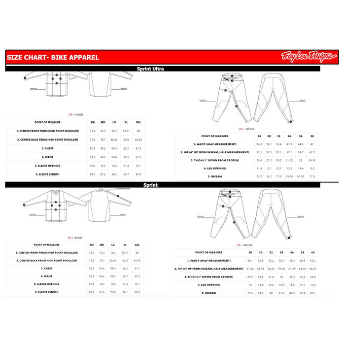Size chart for Troy Lee Designs TLD 26.1 Sprint Ultra Jersey (Proton White) with measurements in inches/cm, including moisture-wicking Ultra Knit fabric details and diagrams for Sprint Ultra/Sprint tops and bottoms.