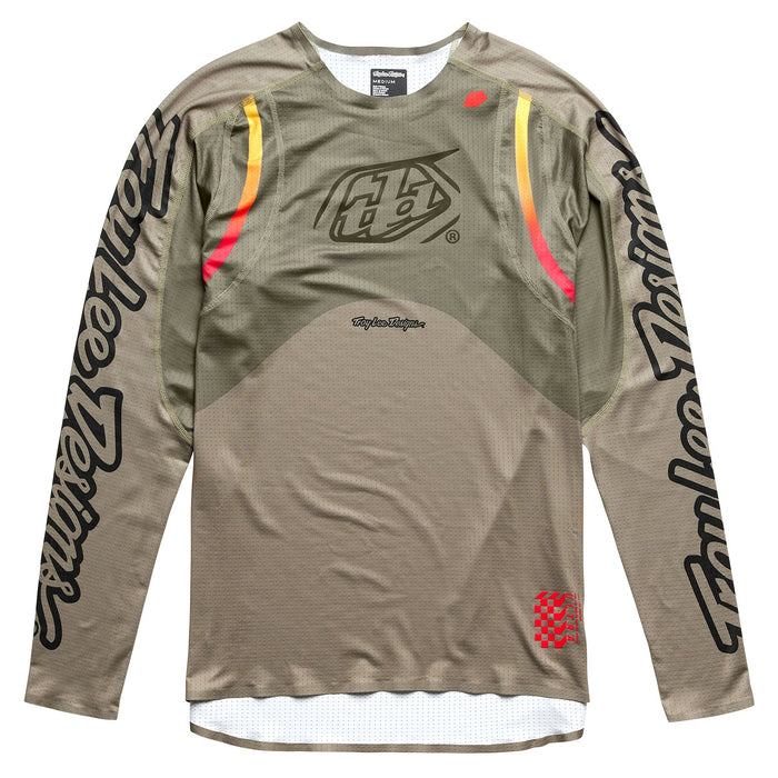 A long sleeved shirt with a black background, designed for BMX racing gear by TLD Sprint Ultra Jersey Pinned Olive.