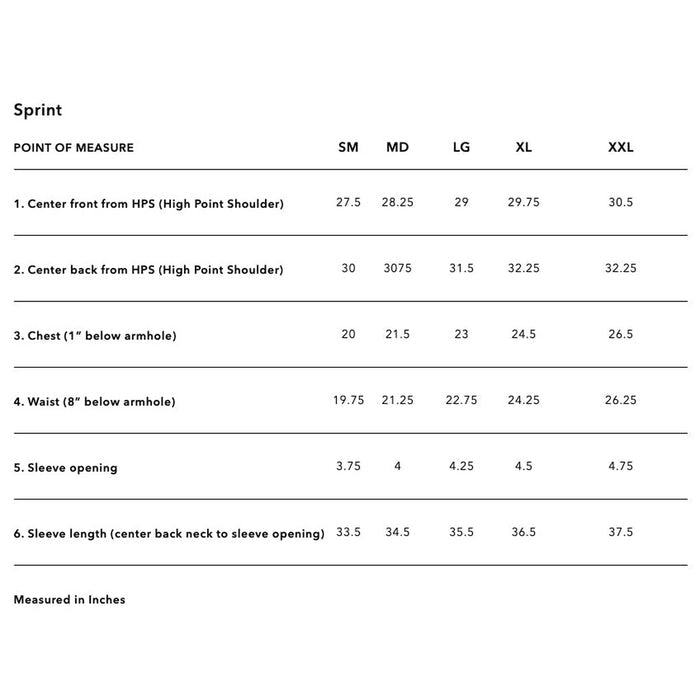 A table of clothing size measurements for TLD Sprint Ultra Jersey Pinned Olive BMX racing gear.